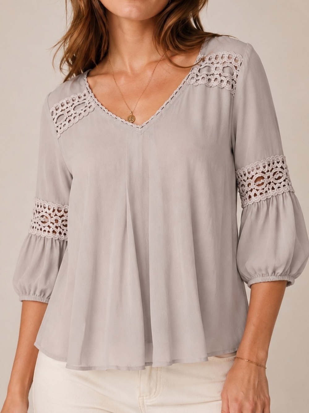 Victoria's Secret Sheer Dusty Purple Crochet-Trim V-Neck Blouse